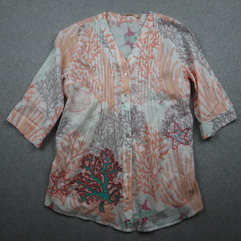 Soft Surroundings Tunic Top Womens Small White Orange Coral Embroidered Beaded